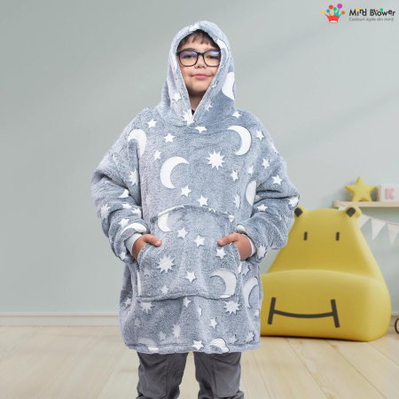 Hanorac patura cu maneci baieti Grey Luna Fosforescenta cu buzunar cangur Flanel & Polar 440g/mp 105 cm [11]