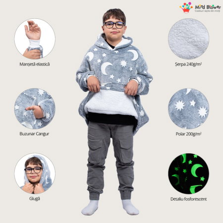 Hanorac patura cu maneci baieti Grey Luna Fosforescenta cu buzunar cangur Flanel & Polar 440g/mp 105 cm [2]