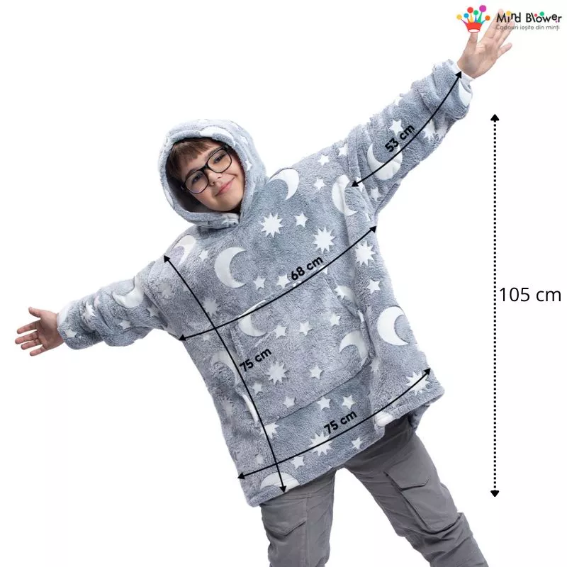 Hanorac patura cu maneci baieti Grey Luna Fosforescenta cu buzunar cangur Flanel & Polar 440g/mp 105 cm [3]