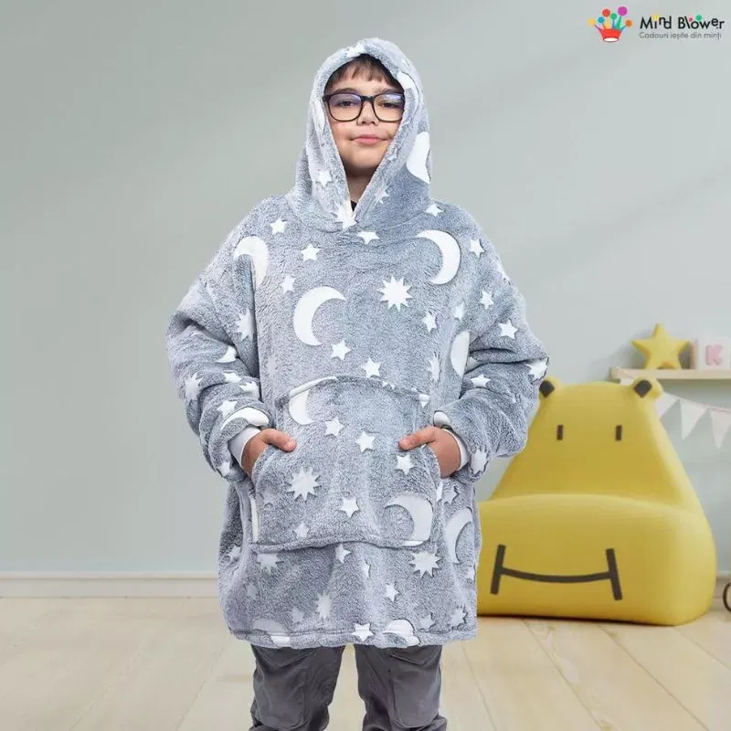 Hanorac patura cu maneci baieti Grey Luna Fosforescenta cu buzunar cangur Flanel & Polar 440g/mp 105 cm [11]