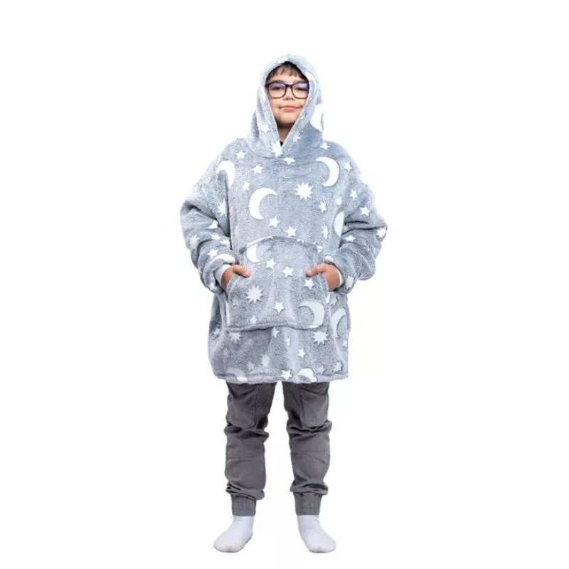 Hanorac patura cu maneci baieti Grey Luna Fosforescenta cu buzunar cangur Flanel & Polar 440g/mp 105 cm [14]