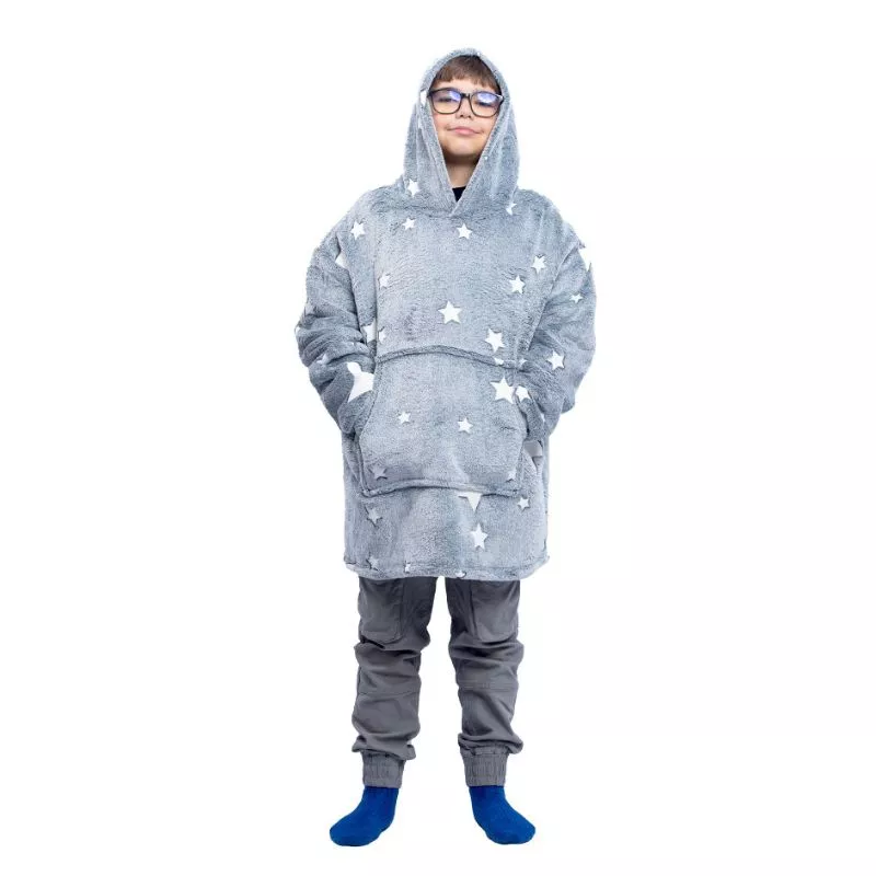 Hanorac patura cu maneci baieti Grey Stelute Fosforescente cu buzunar cangur 440g/mp 105 cm [21]