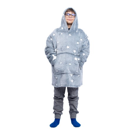Hanorac patura cu maneci baieti Grey Stelute Fosforescente cu buzunar cangur 440g/mp 105 cm [21]