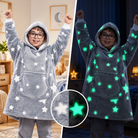 Cadouri Mos Nicolae - Hanorac patura cu maneci baieti Grey Stelute Fosforescente cu buzunar cangur 440g/mp 105 cm