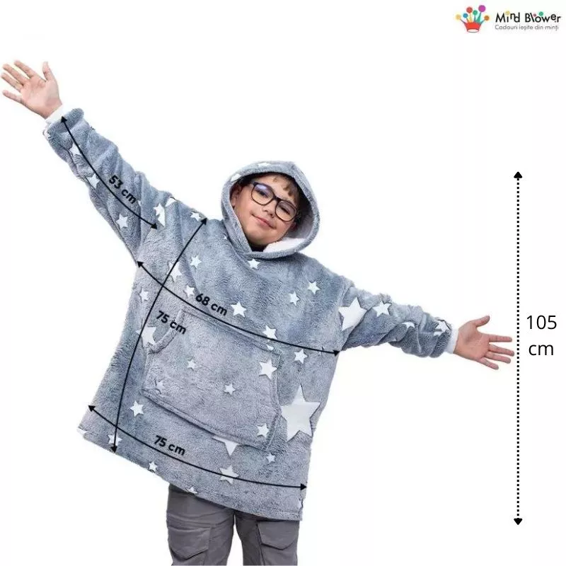 Hanorac patura cu maneci baieti Grey Stelute Fosforescente cu buzunar cangur 440g/mp 105 cm [3]