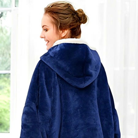 Hanorac Patura cu maneci, buzunare si gluga, Super Pufoasa, Captusita, 390g/mp, Albastra [3]