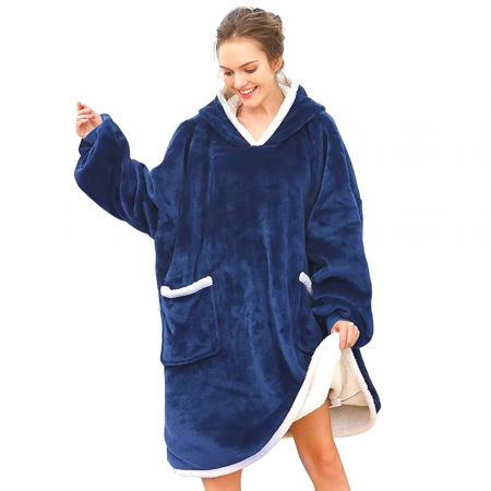 Hanorac Patura cu maneci, buzunare si gluga, Super Pufoasa, Captusita, 390g/mp, Albastra [5]
