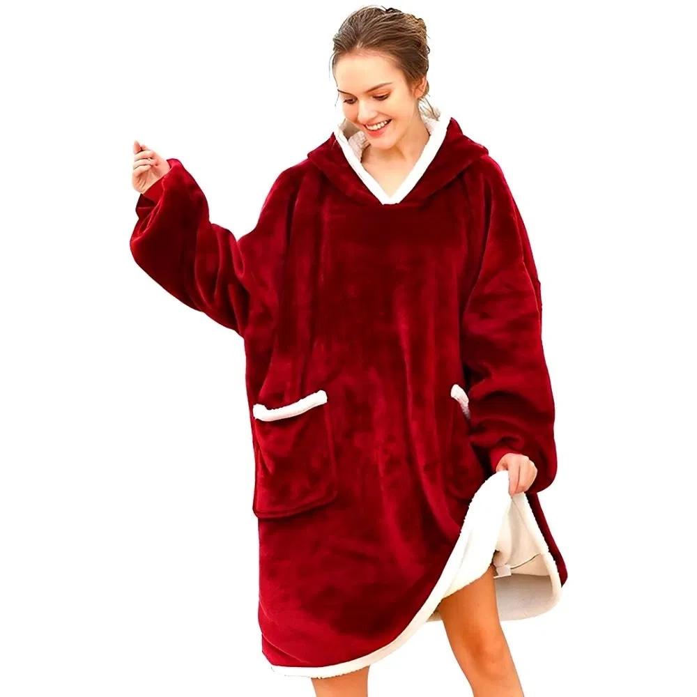 Hanorac Patura cu maneci, buzunare si gluga, Super Pufoasa, Captusita, 390g/mp, Rosie [6]