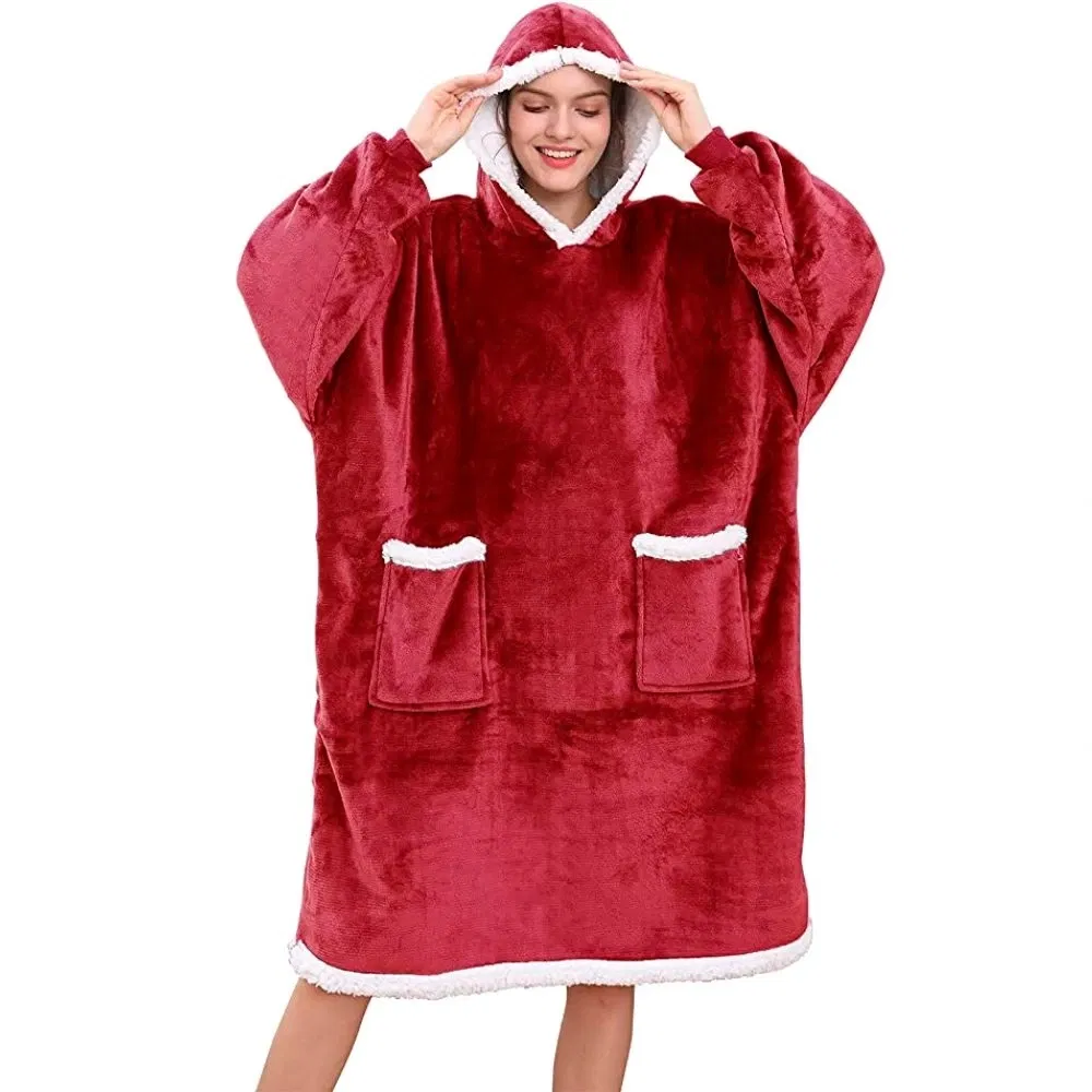 Hanorac Patura cu maneci, buzunare si gluga, Super Pufoasa, Captusita, 390g/mp, Rosie [7]