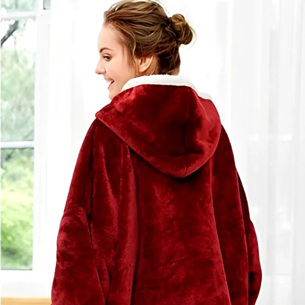 Hanorac Patura cu maneci, buzunare si gluga, Super Pufoasa, Captusita, 390g/mp, Rosie [5]