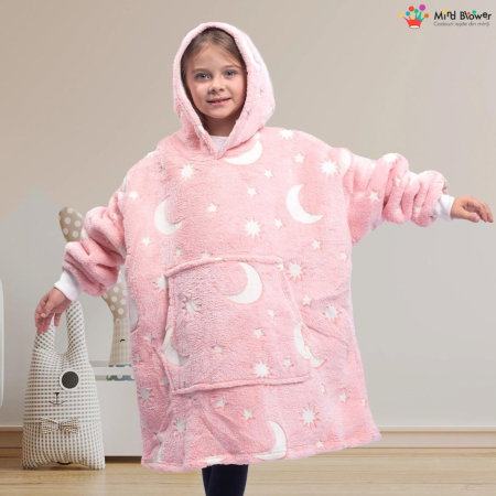 Hanorac patura cu maneci fete Luna Fosforescenta Roz cu buzunar cangur Flanel & Polar 440g/mp 105 cm [14]