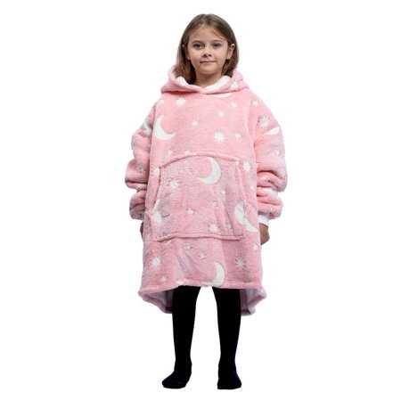 Hanorac patura cu maneci fete Luna Fosforescenta Roz cu buzunar cangur Flanel & Polar 440g/mp 105 cm [15]