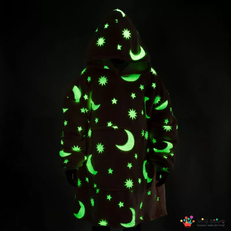 Hanorac patura cu maneci fete Luna Fosforescenta Roz cu buzunar cangur Flanel & Polar 440g/mp 105 cm [1]