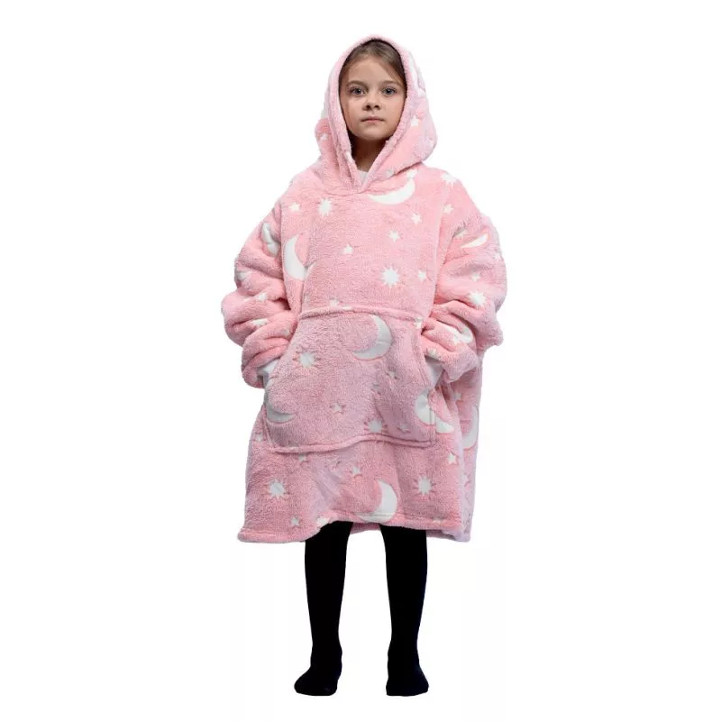 Hanorac patura cu maneci fete Luna Fosforescenta Roz cu buzunar cangur Flanel & Polar 440g/mp 105 cm [16]