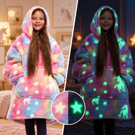Cadouri Mos Nicolae - Hanorac patura cu maneci fete Unicorn Fosforescent cu buzunar cangur Flanel & Polar 440g/mp 105 cm