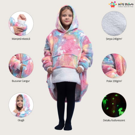 Hanorac patura cu maneci fete Unicorn Fosforescent cu buzunar cangur Flanel & Polar 440g/mp 105 cm [2]