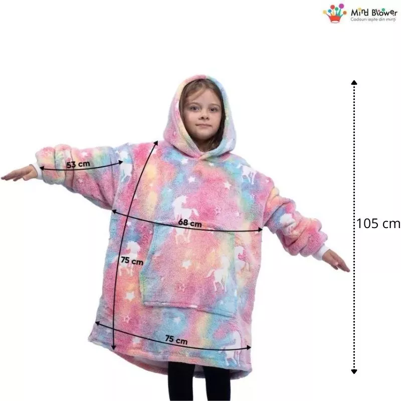 Hanorac patura cu maneci fete Unicorn Fosforescent cu buzunar cangur Flanel & Polar 440g/mp 105 cm [3]