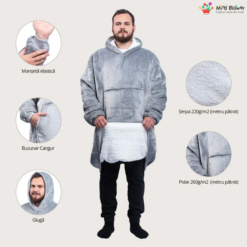 Hanorac patura cu maneci gluga si buzunar cangur Flanel & Polar 480g/mp 165 cm Gri [4]