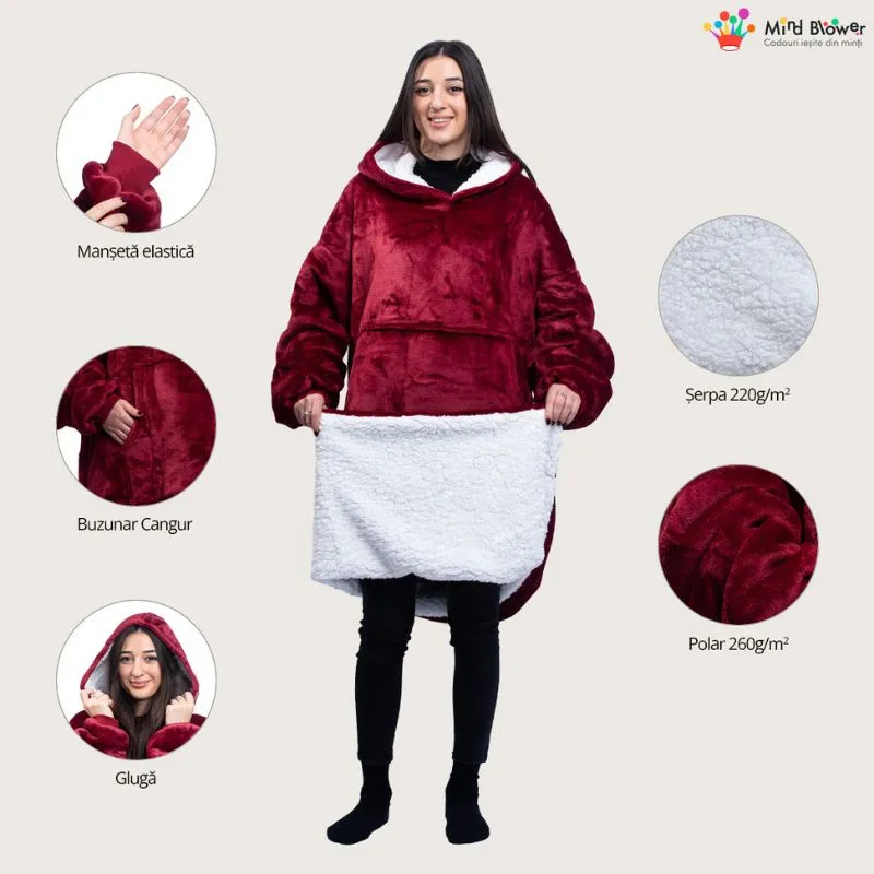 Hanorac patura cu maneci gluga si buzunar cangur Flanel & Polar 480g/mp 165 cm Rosu [2]