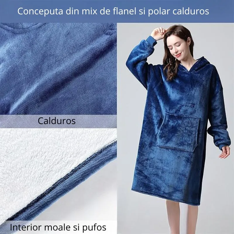 Hanorac patura cu maneci gluga si buzunar cangur Flanel & Polar 370g/mp 135 cm Albastru [7]