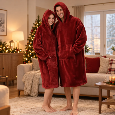 Cadouri Pentru Secret Santa - Hanorac patura cu maneci gluga si buzunar cangur Flanel & Polar 370g/mp 135 cm Rosu