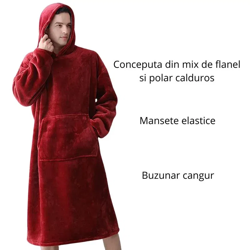 Hanorac patura cu maneci gluga si buzunar cangur Flanel & Polar 370g/mp 135 cm Rosu [6]