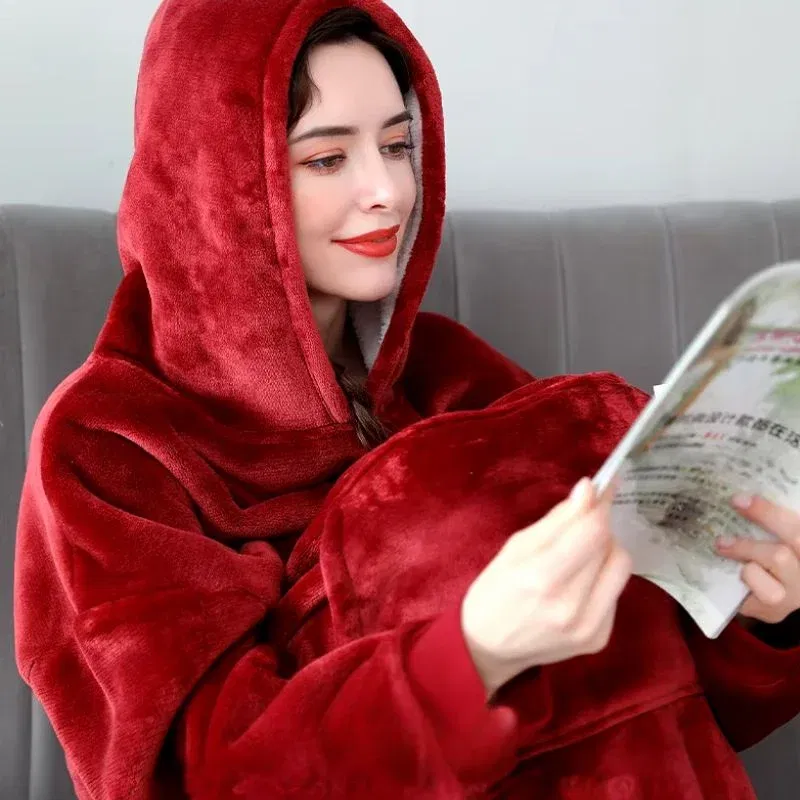 Hanorac patura cu maneci gluga si buzunar cangur Flanel & Polar 370g/mp 135 cm Rosu [3]