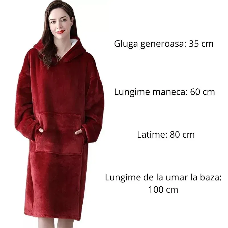 Hanorac patura cu maneci gluga si buzunar cangur Flanel & Polar 370g/mp 135 cm Rosu [5]