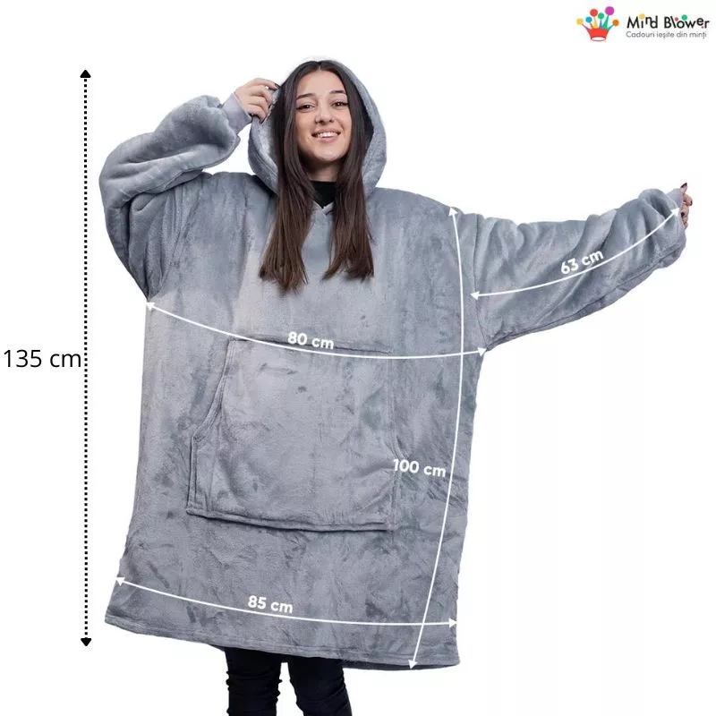 Hanorac patura cu maneci gluga si buzunar cangur Flanel & Polar 480g/mp 135 cm Gri [3]