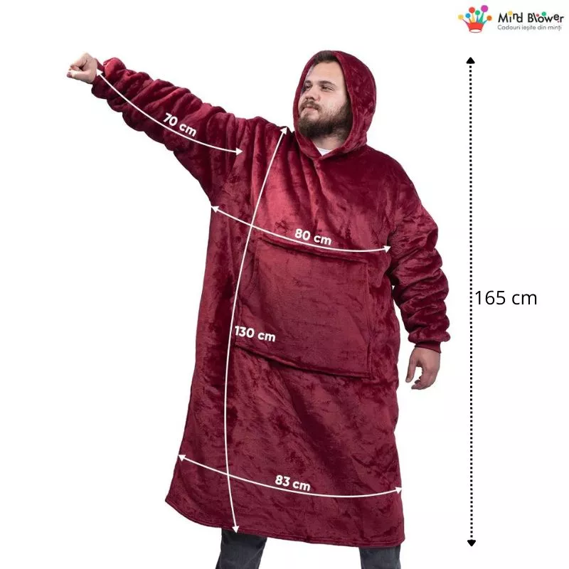 Hanorac patura cu maneci gluga si buzunar cangur Flanel & Polar 480g/mp 165 cm Rosu [5]