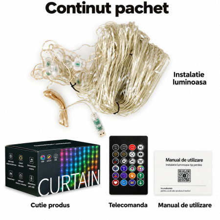 Instalatie luminoasa cu 400 LED-uri RGB, 2 x 2 m, Smart, Control din Aplicatie si Telecomanda [11]