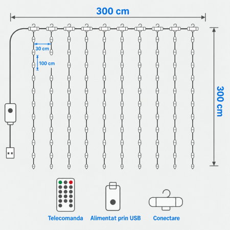 Instalatie luminoasa tip perdea 3 x 3 m, 300 LED-uri, Alimentare USB, Telecomanda [8]