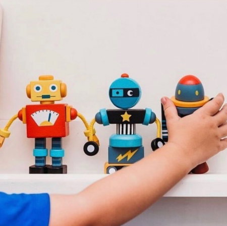 Joc de construit 3 Roboti Retro, lemn premium, 17 piese [0]