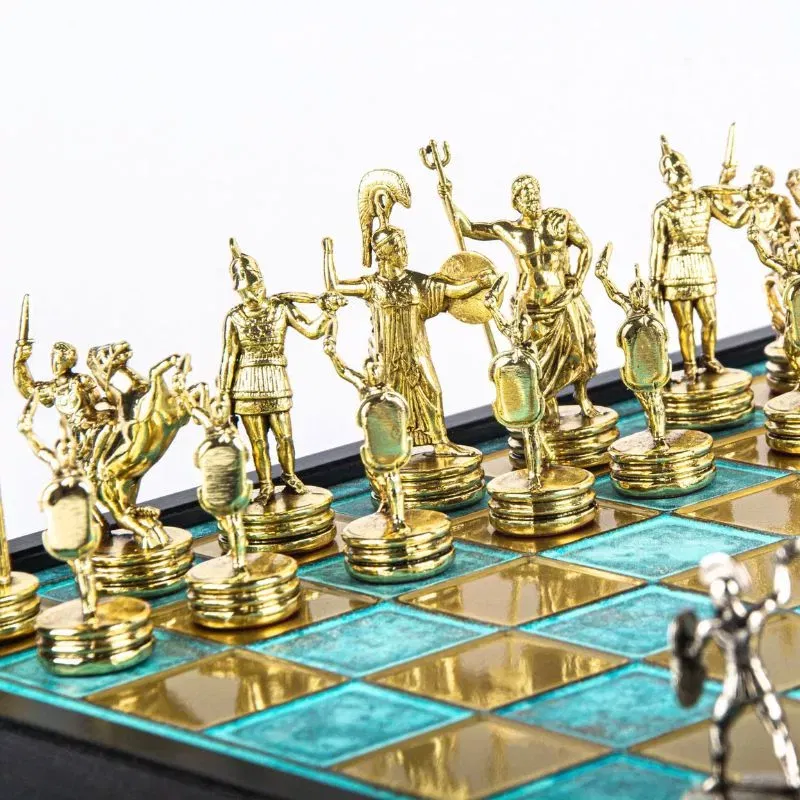 Joc Sah Gladiatori si Filozofi caseta 34 x 34 cm piese gold & silver si tabla de sah Turquoise [3]