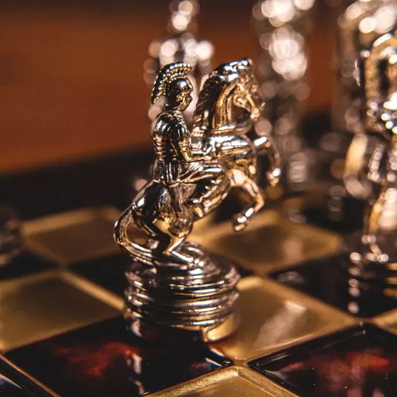 Joc Sah Razboaie Romane caseta 44 x 44 cm piese gold & silver si tabla de sah Bronze Red [4]