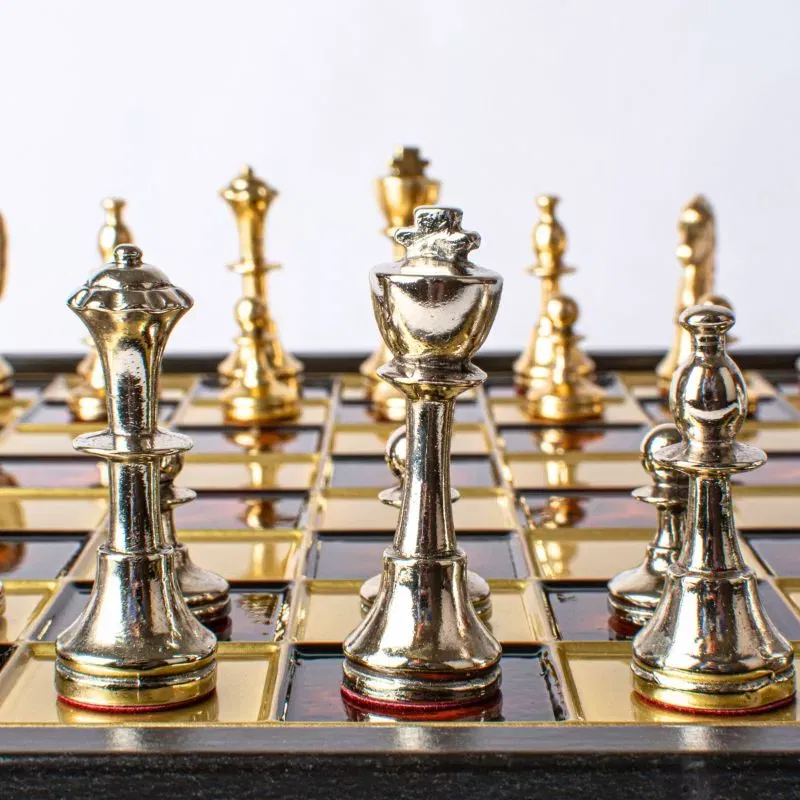 Joc Sah Staunton caseta 34 x 34 cm piese gold & silver si tabla de sah Bronze Red [6]
