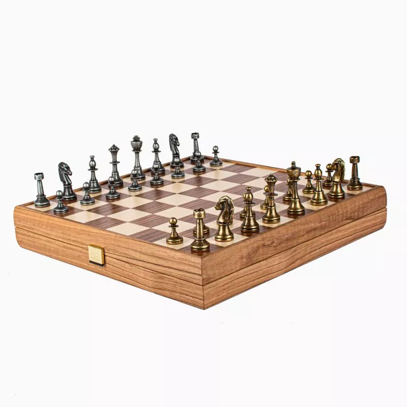 Joc Sah Staunton caseta 35 x 35 cm piese brass & pewter si tabla de sah din lemn [2]