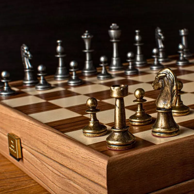 Joc Sah Staunton caseta 35 x 35 cm piese brass & pewter si tabla de sah din lemn [3]