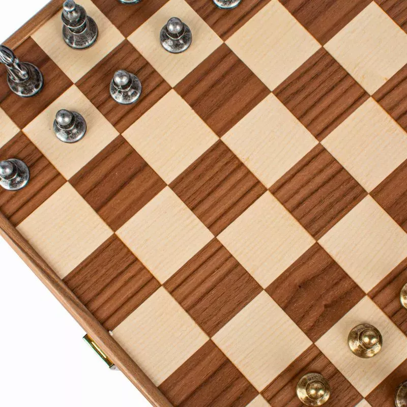 Joc Sah Staunton caseta 35 x 35 cm piese brass & pewter si tabla de sah din lemn [8]
