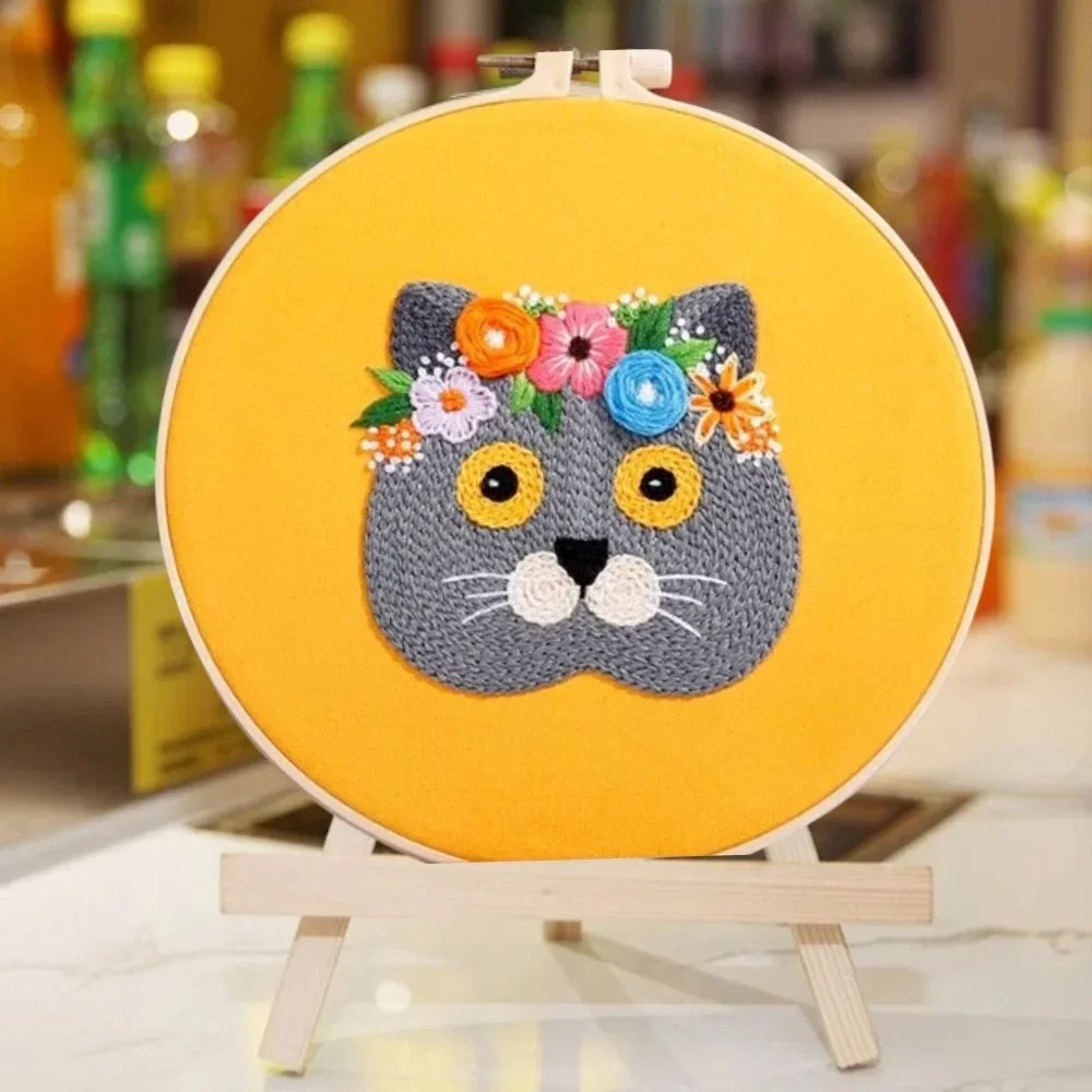 Cadouri pentru Mama - Kit Broderie DIY, Pisicuta cu flori, Galben