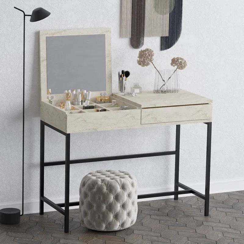 Masa de machiaj Linda, travertin, 100 cm, picioare metalice, rafturi multiple [0]