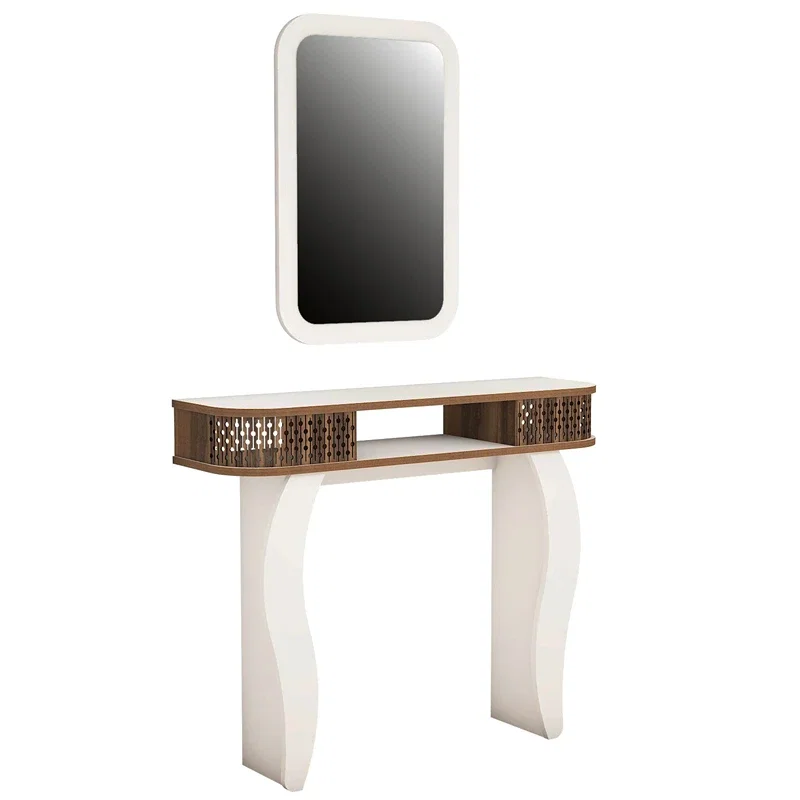 Masa de toaleta alba, cu oglinda si rafturi, design elegant, 105 cm [4]