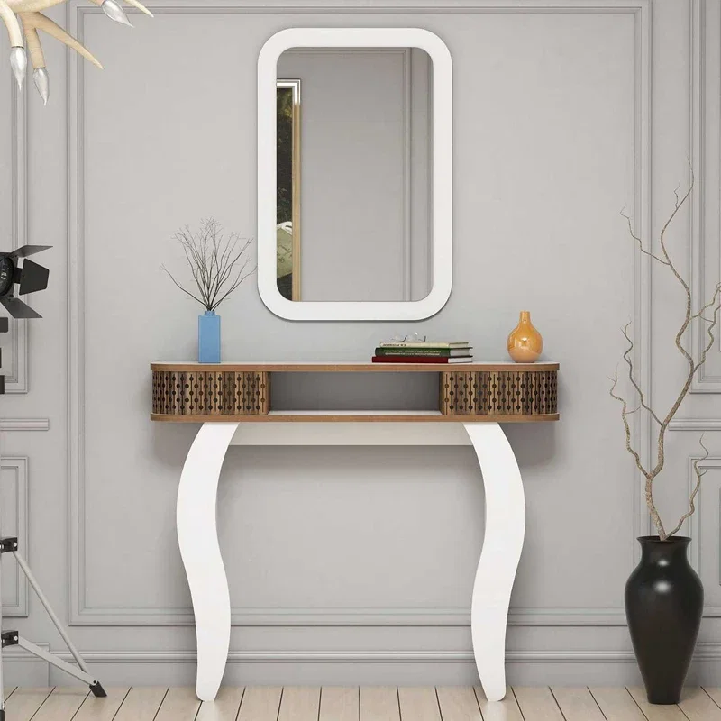Cele mai noi - Masa de toaleta alba, cu oglinda si rafturi, design elegant, 105 cm