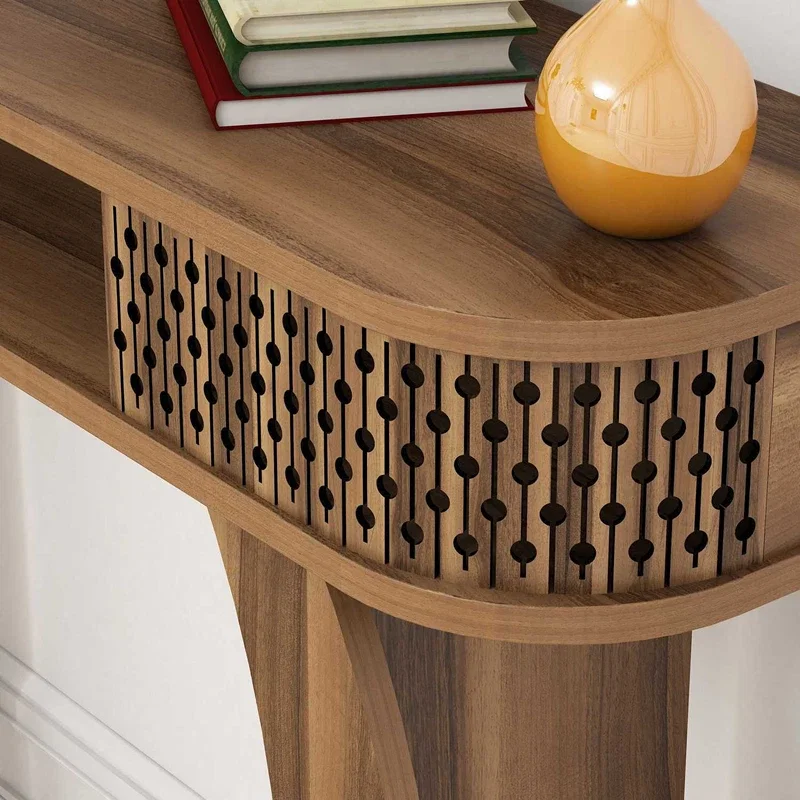 Masa de toaleta nuc, cu oglinda si rafturi, design elegant, 105 cm [2]