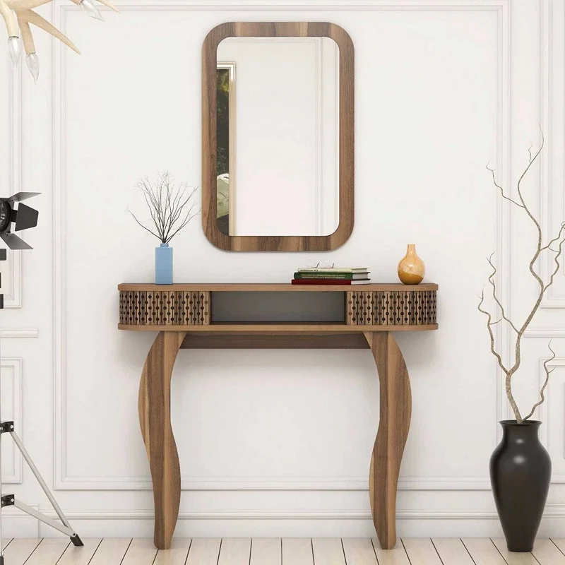 Masa de toaleta nuc, cu oglinda si rafturi, design elegant, 105 cm [0]