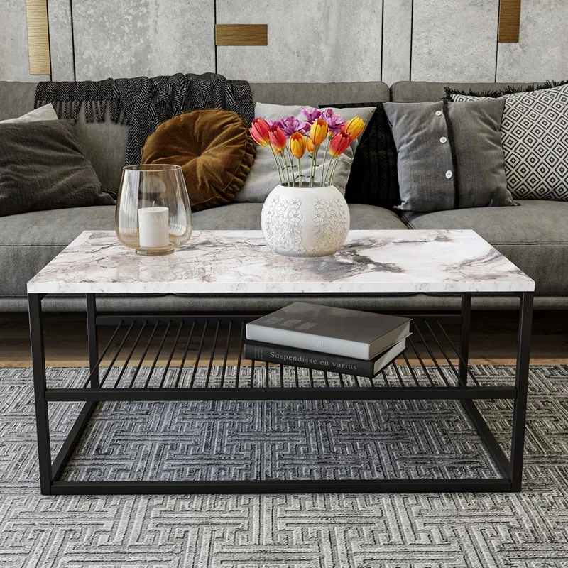 Masuta de cafea Asude Alb Negru cu picioare metalice si raft de depozitare [0]