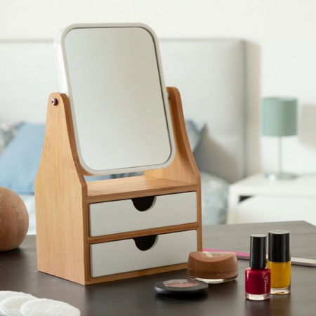 Cadouri pentru Iubita - Mini stand cosmetica, oglinda cu doua sertare din bambus