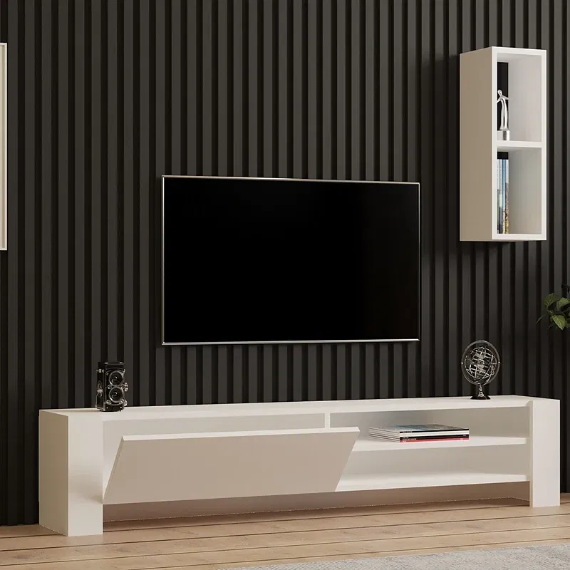 Mobilier TV Naz, alb, design modern, rafturi suspendate, 160 cm [1]