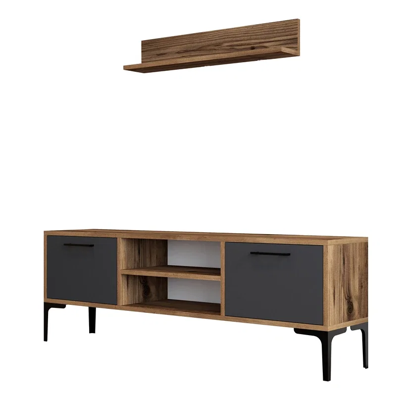 Mobilier TV Riga, lemn nuc si antracit, cu rafturi si picioare metalice, 140 cm [3]