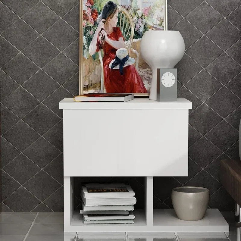 Noptiera alba, 47 x 37 cm, cu raft si sertar, design minimalist [0]